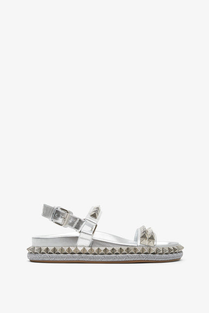 NWT Christian louboutin neutral Silver Studded stappy flats Women\'s Sandals 39 Christian Louboutin - Pyra Hallulila Silver Leather Spike  main image 3