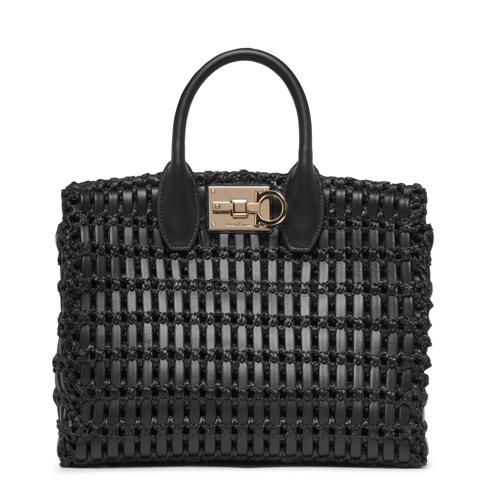 Ferragamo | The-Studio-black-leather-and-rafia-tote-bag | Savannahs