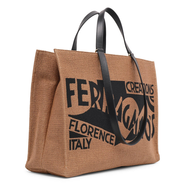トートバッグ SALVATORE FERRAGAMO CAMEL RAFFIA SMALL TT SIGN SHOPPING BAG Ferragamo Camel Raffia Large Tt Sign Shopping Bag | italist
