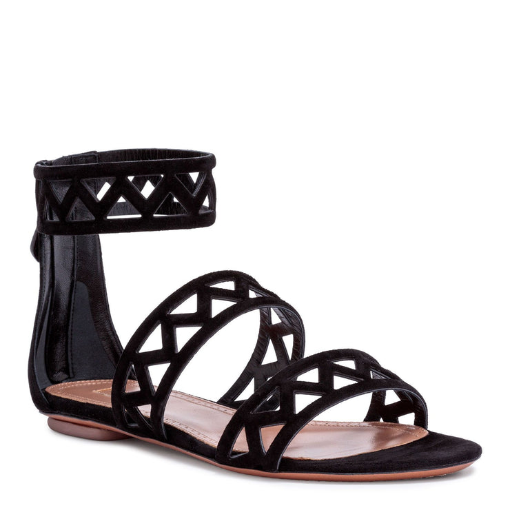 Black suede laser-cut flat sandals
