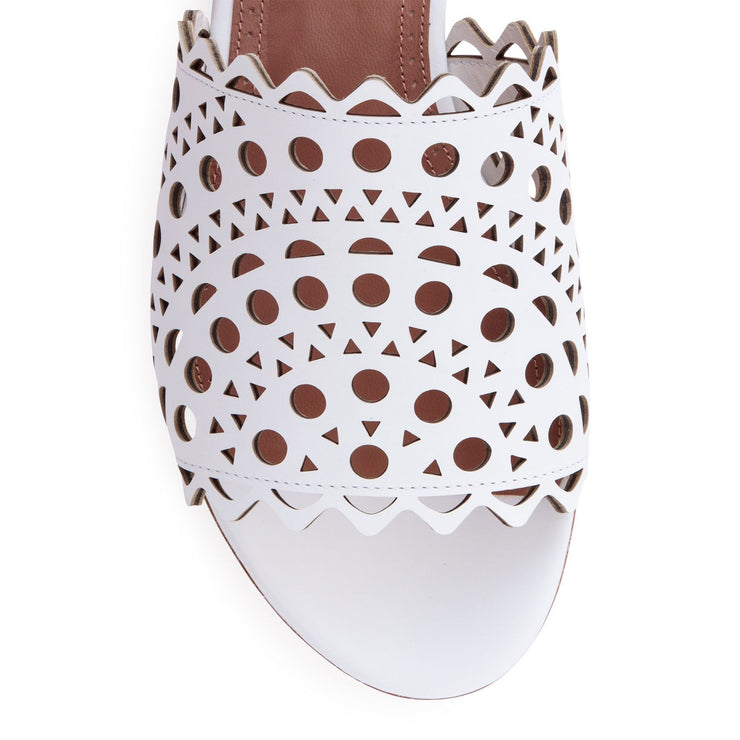 White leather laser-cut slide sandals