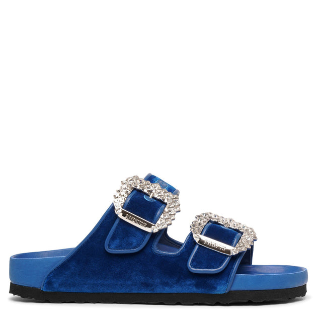 Birkenstock Arizona crystal buckle blue velvet slides Savannahs