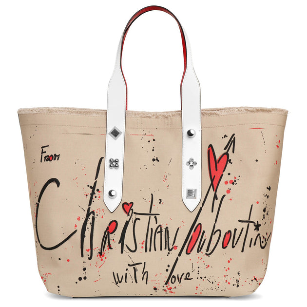 Luxury handbag - Frangibus Christian Louboutin small tote bag in white  fabric and colored inserts