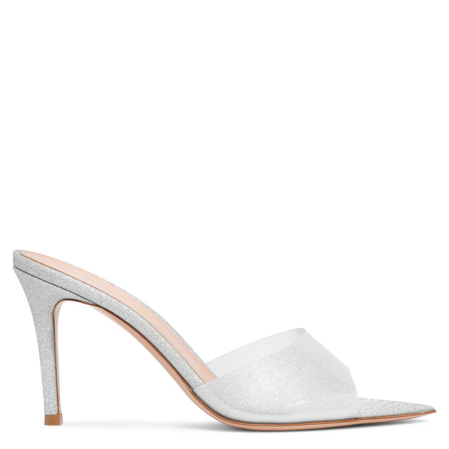 Gianvito Rossi, Elle 85 plexi silver glitter mules