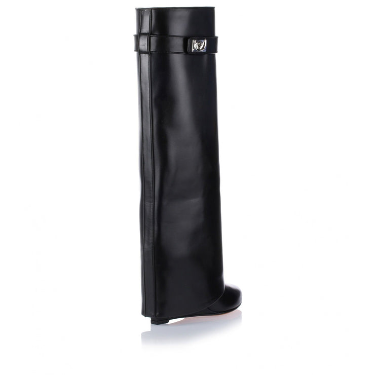 Black fold-over shark lock knee boot