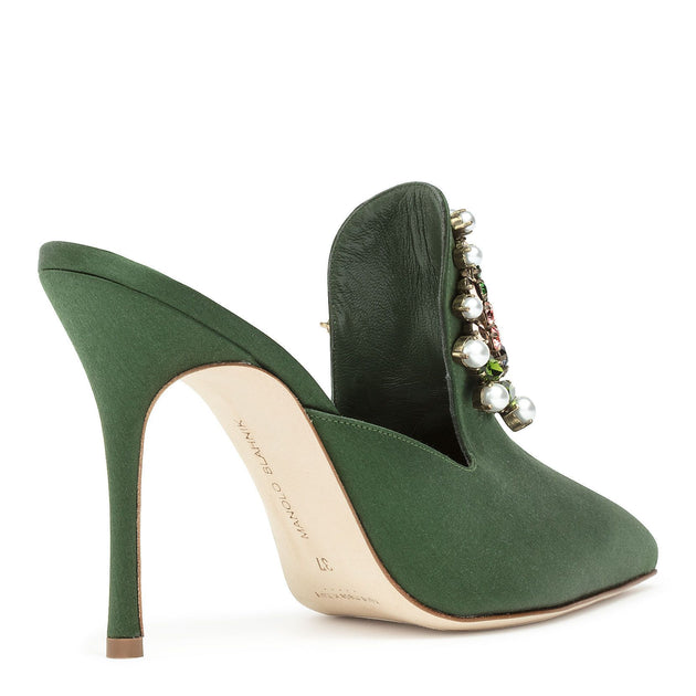 Manolo Blahnik Tilda 105 green satin mules Savannahs