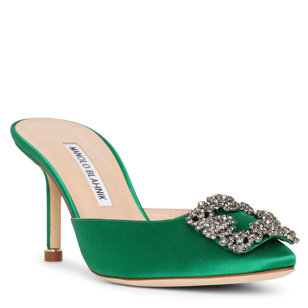 Manolo Blahnik Hangisimu 70 emerald satin mules Savannahs