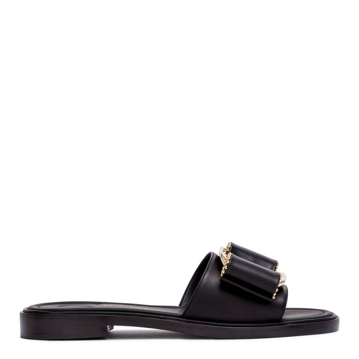 Isera black leather studded bow slide sandals