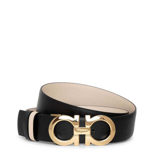 Ferragamo, Grained leather silver buckle reversible belt