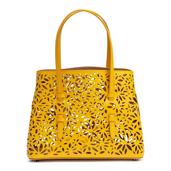 Yellow laser-cut leather small tote