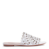 White leather laser-cut slide sandals