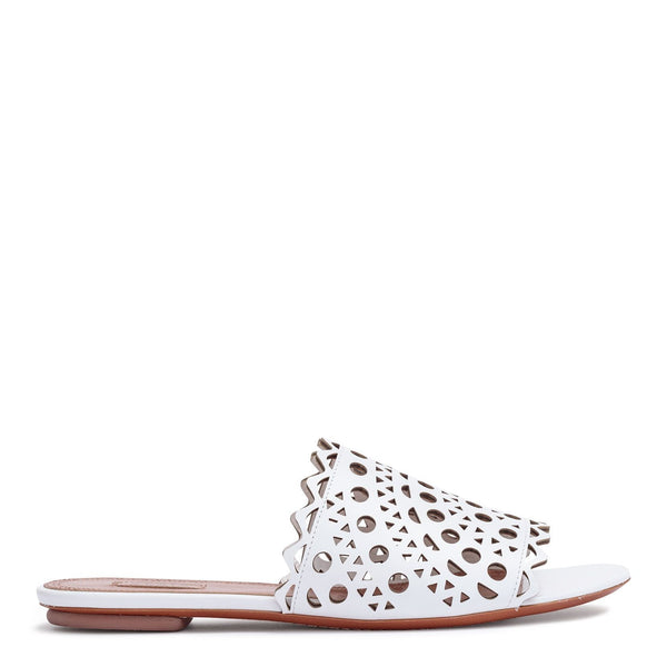 White leather laser-cut slide sandals