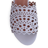 Grey leather laser-cut slide sandals