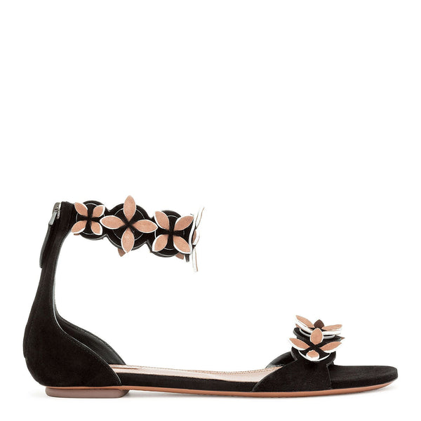 Black suede flower flat sandals