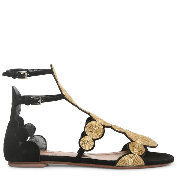 Black suede gold raffia flat sandals