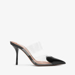 Black high-heeled shoe with clear strap on a white background