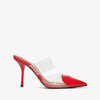 Red high-heeled shoe with clear strap on a white background