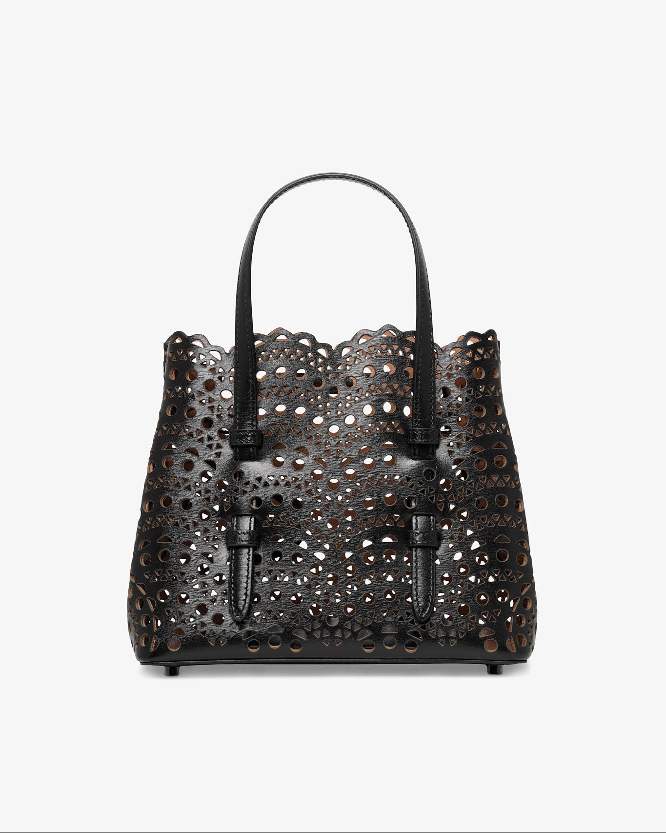 Black perforated handbag on a white background