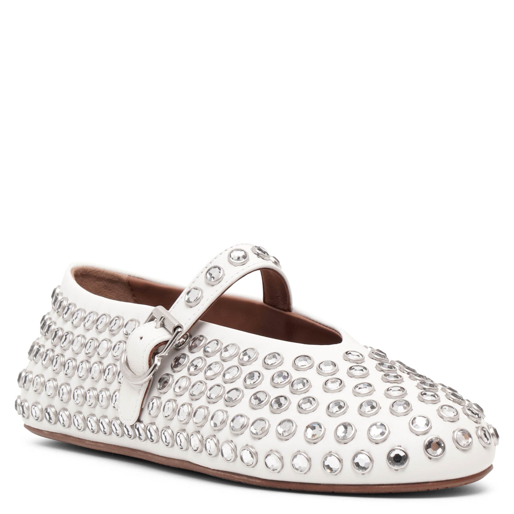 Embellished white leather ballet flats