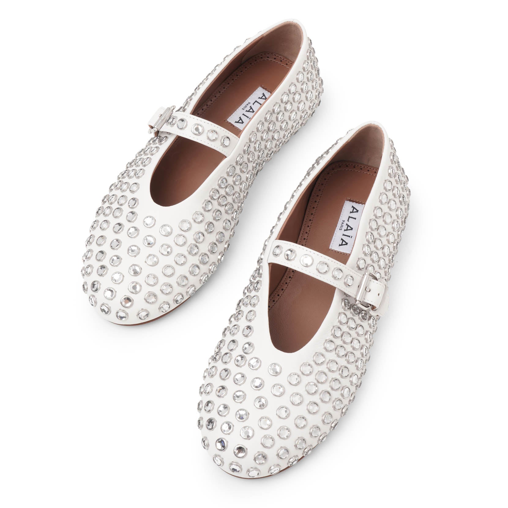 Embellished white leather ballet flats