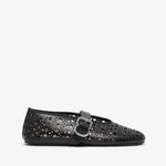Black perforated shoe with a buckle on a white background