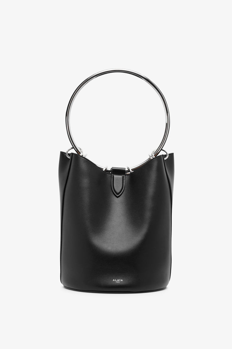 Ring black leather bucket bag