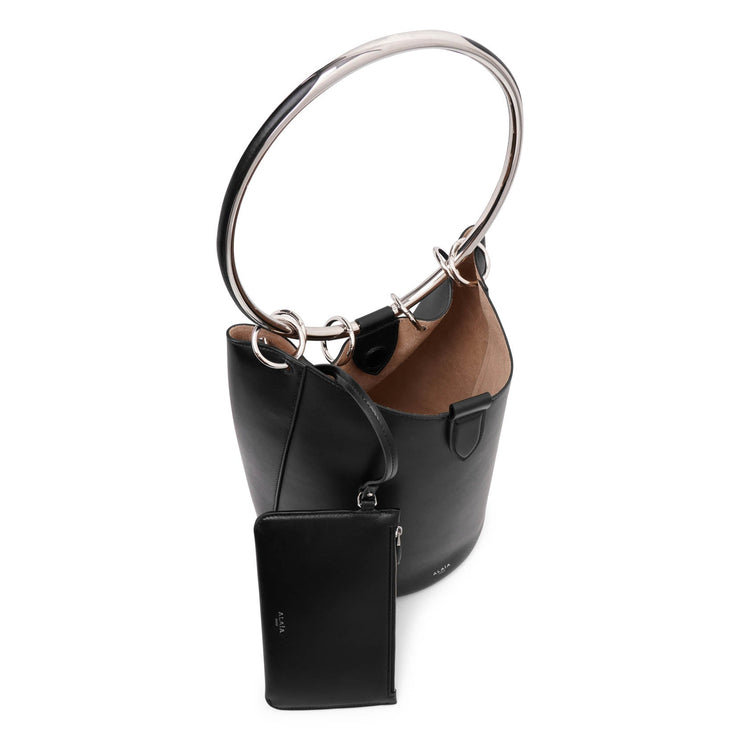 Ring black leather bucket bag