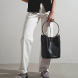 Ring black leather bucket bag
