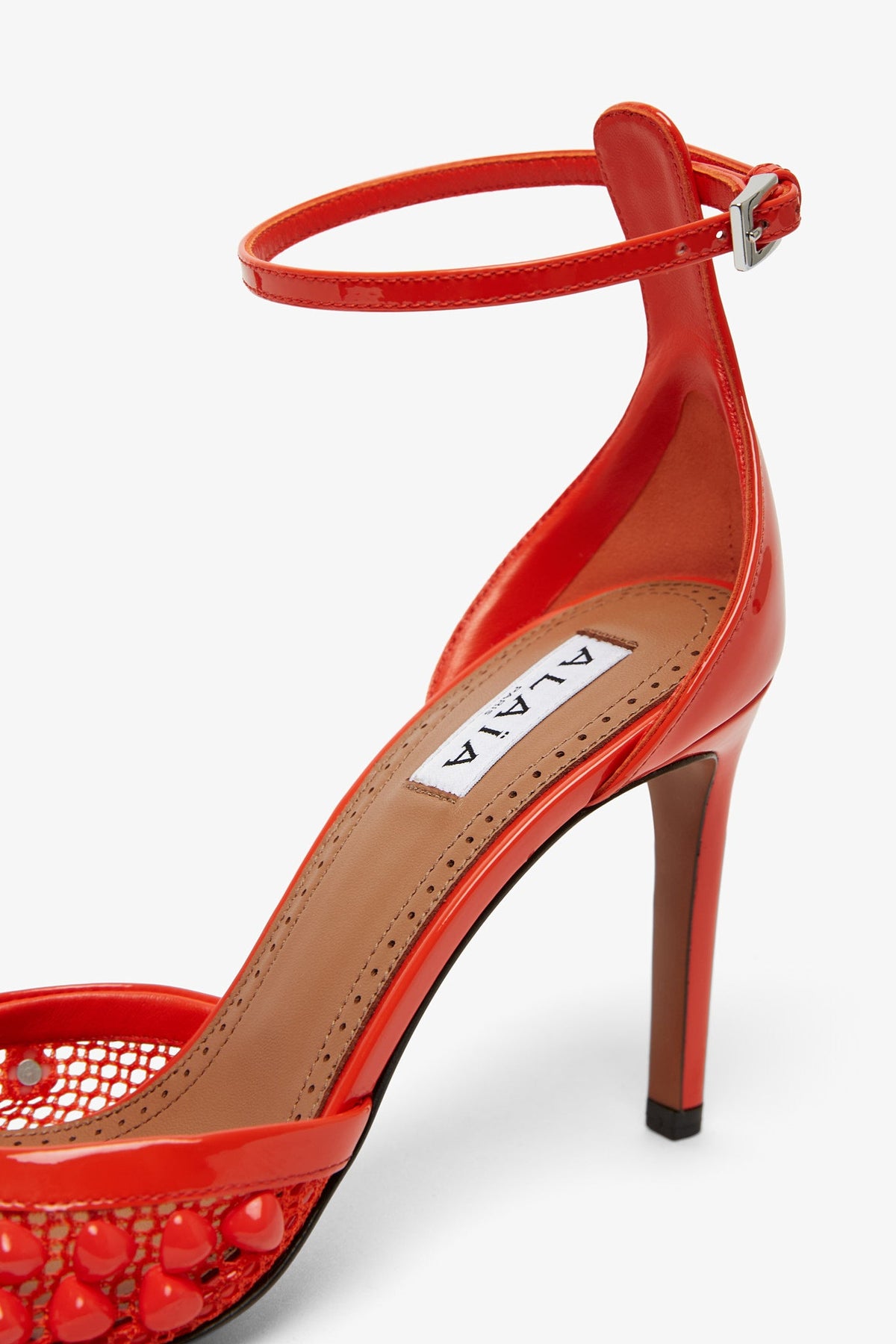 Shop Alaïa Red Studded Fishnet Pumps