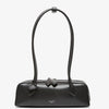 Black handbag with a bow detail on a white background