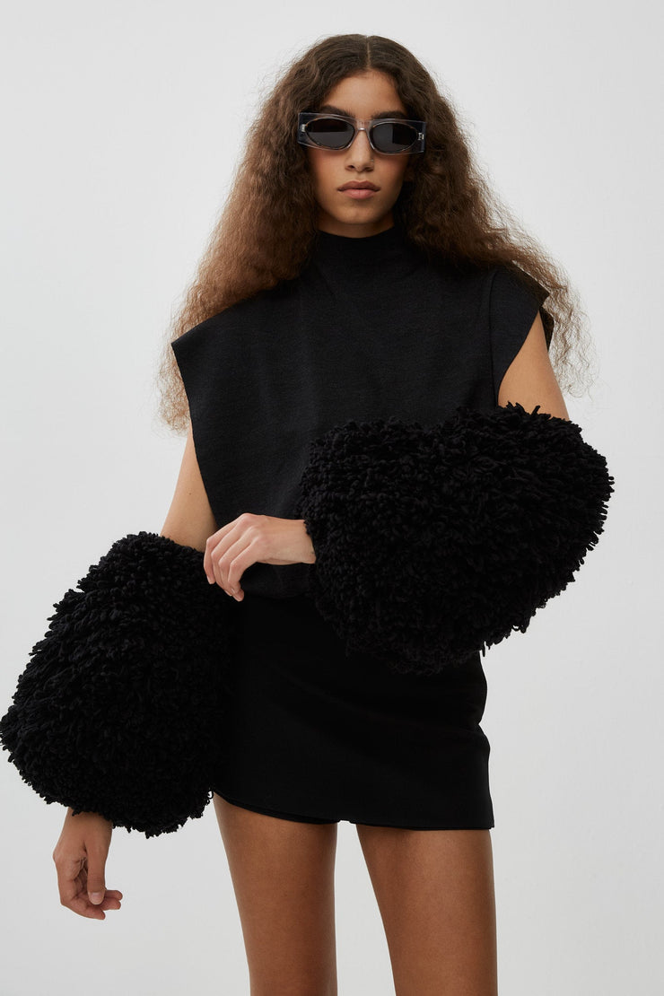 Black faux fur bubble gloves