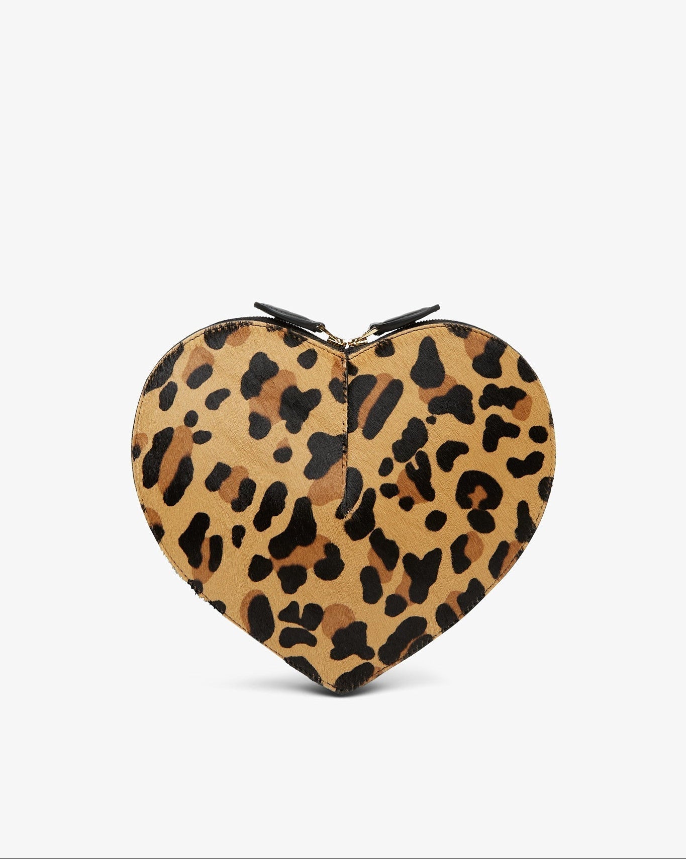 Heart-shaped clutch with leopard print design on a white background