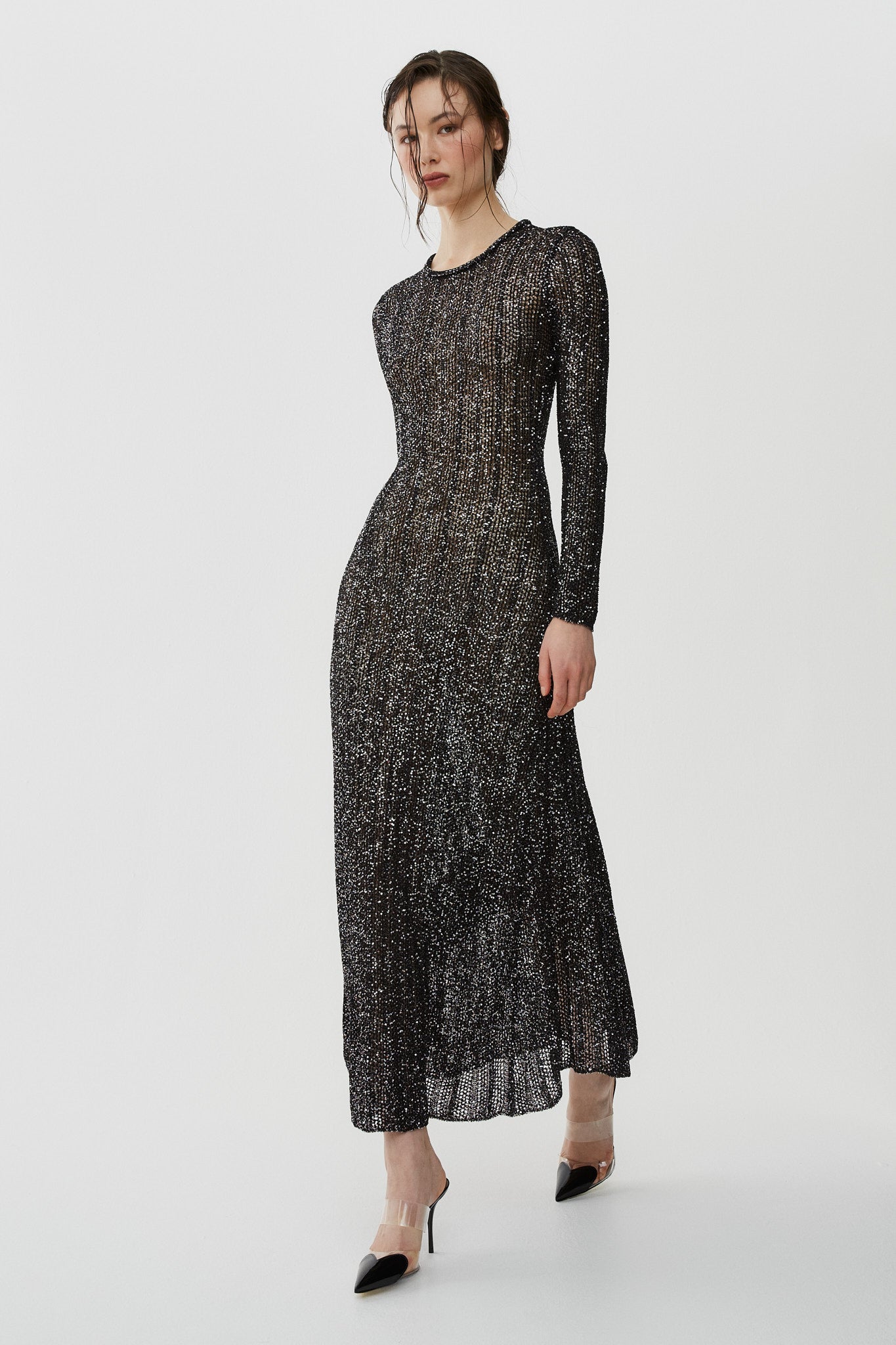 alaia sequin dress ALAIA Open-Knit Sequin Maxi Dress