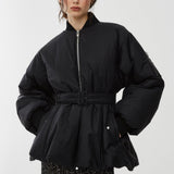 Belted black bomber jacket