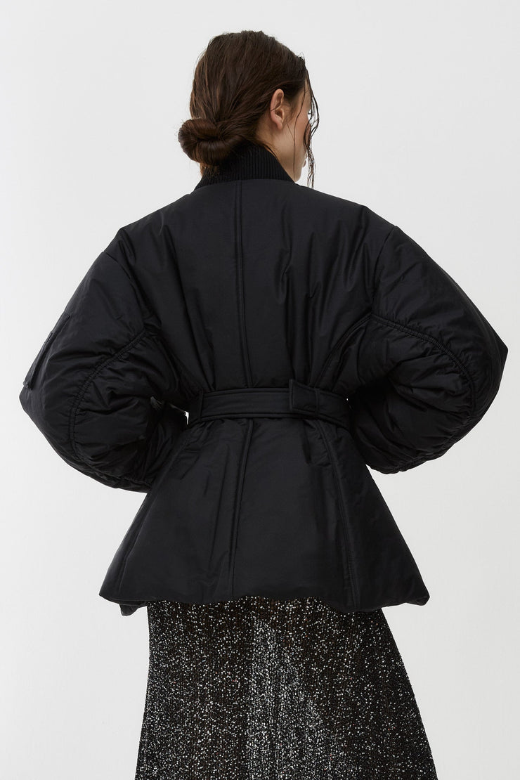 Belted black bomber jacket