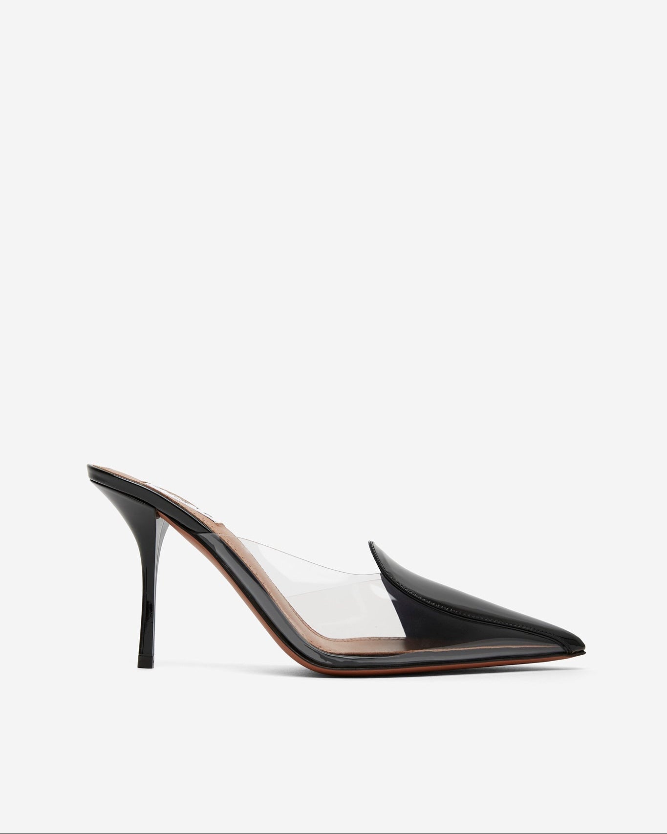 Black high-heeled shoe on a white background