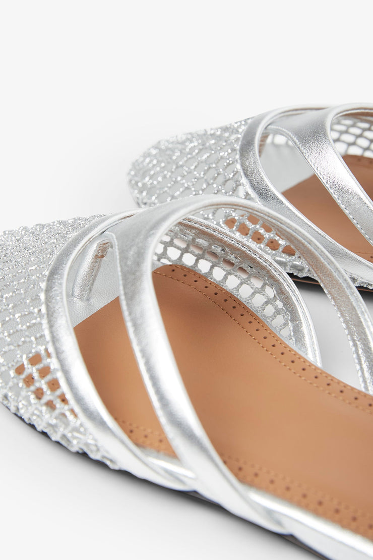 Silver mesh mule flats