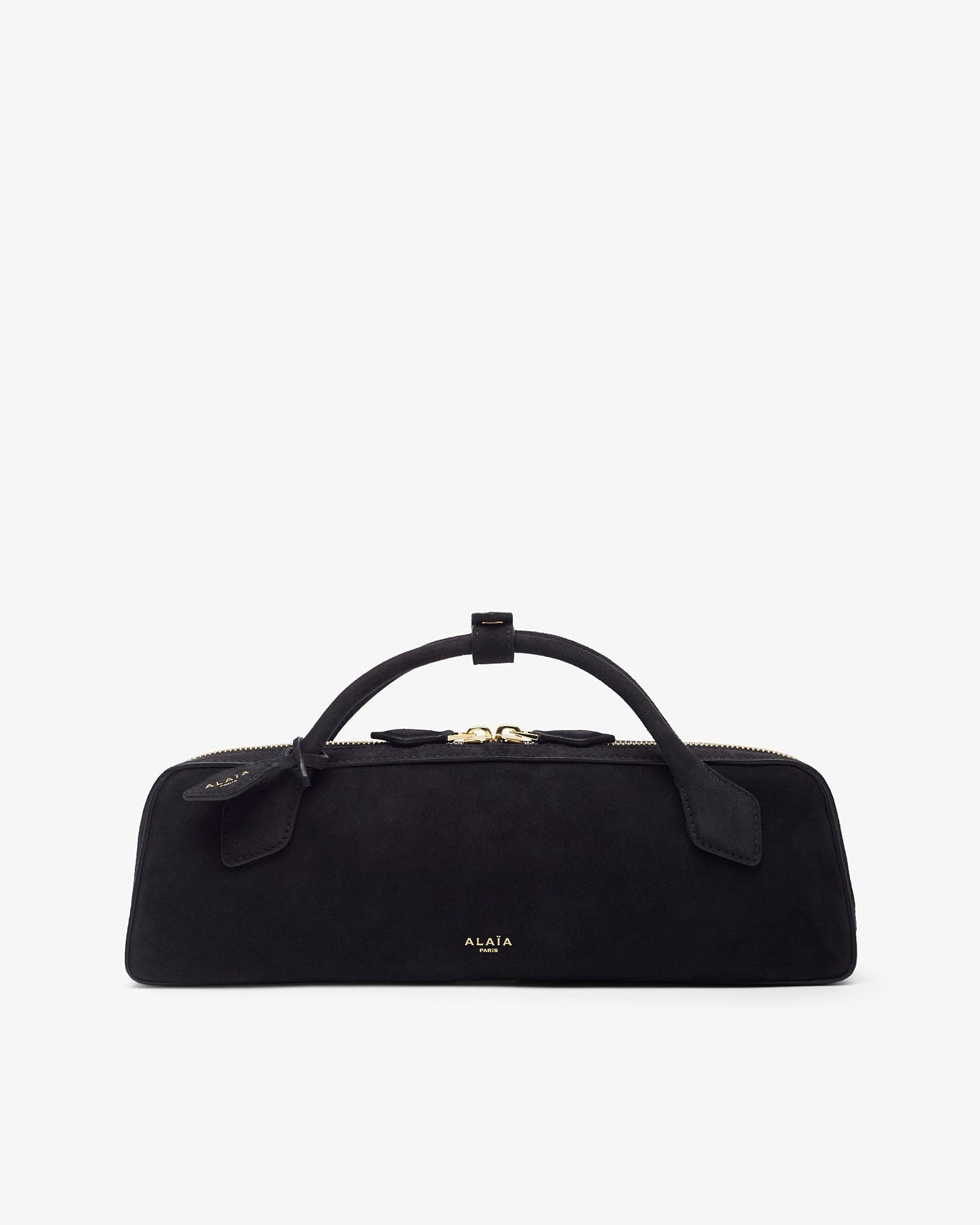 Black handbag with gold accents on a white background
