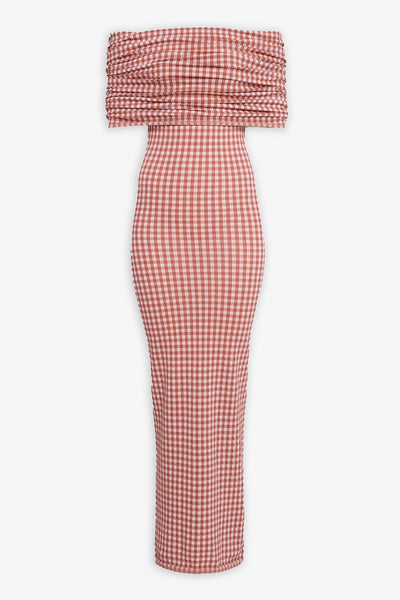 Gingham off-shoulder knit dress