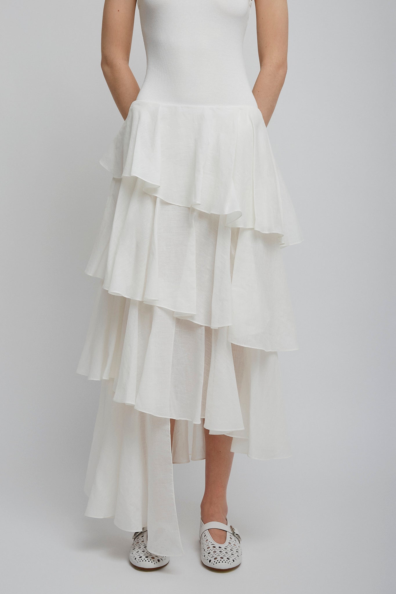 Cotton linen white spiral skirt
