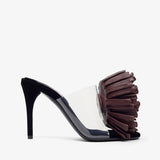 Asymmetric suede pom pom sandals