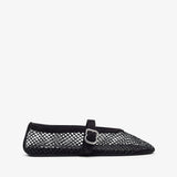 Black mesh ballet flat shoe on a white background