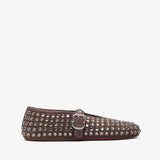Brown studded flat shoe on a white background
