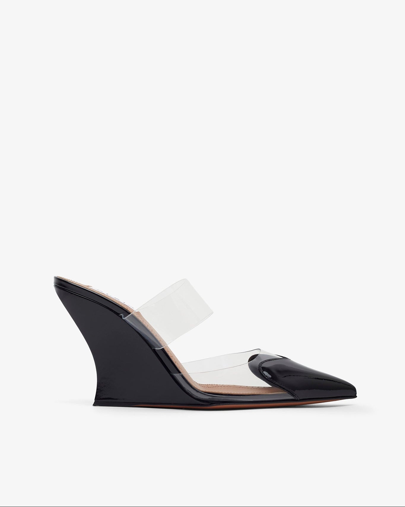 Black high-heeled shoe with clear strap on a white background