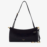 Black handbag with gold accents on a white background