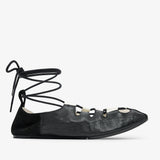 Laced black leather ballet flats