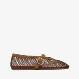 Brown woven flat shoe with a buckle on a white background