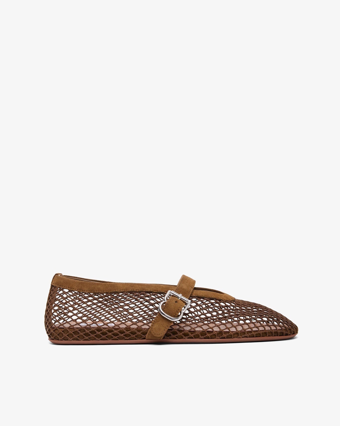 Brown woven flat shoe with a buckle on a white background