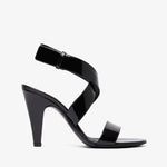 Black high-heeled sandal on a white background