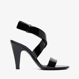 Black high-heeled sandal on a white background